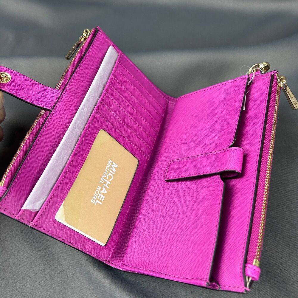Michael Kors Pink Fuschia Leather Jet Set Travel Double Zip Wristlet Wallet - Picture 2 of 16
